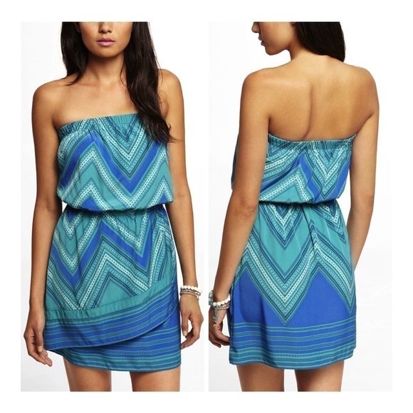 EXPRESS Scarf Print Tube Dress - Green & Blue - Picture 1 of 6